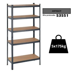 Polica metal-medijapan 180x75x35cm, 5x175kg antracit